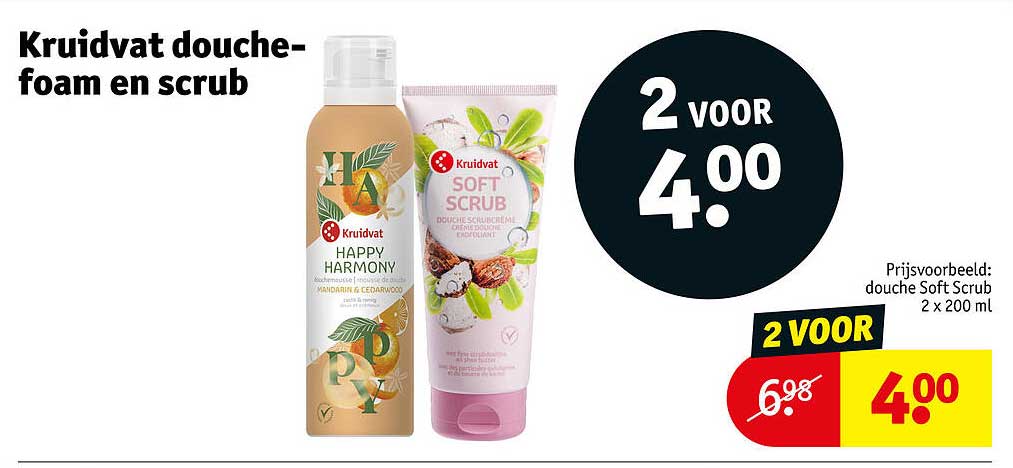 Kruidvat douche-foam en scrub 2 voor 4.00