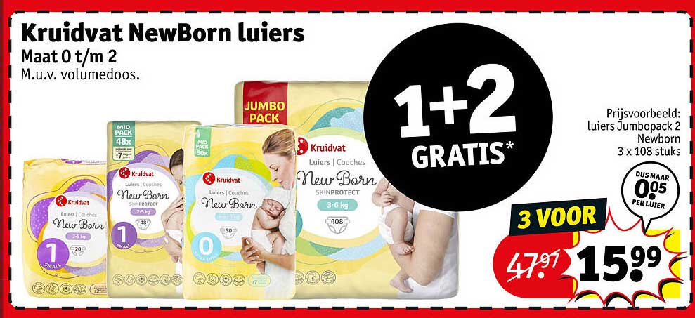 Kruidvat NewBorn Luiers Maat 0 t/m 2 M.u.v. volumedoos. 1+2 GRATIS*