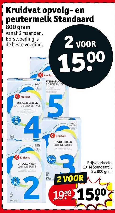 Kruidvat opvolg- en peutermelk Standaard 800 gram 2 voor 15.00