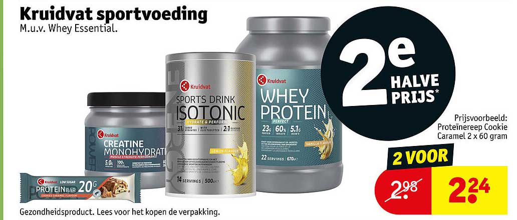 Kruidvat sportvoeding M.u.v. Whey Essential. 2e halve prijs
