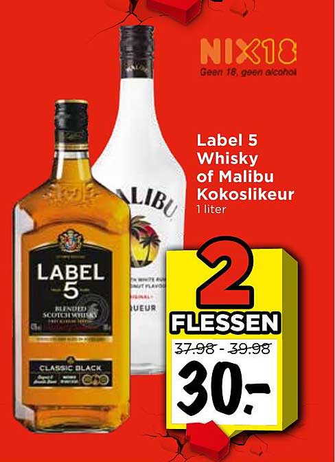 Label 5 Whisky of Malibu Kokoslikeur 1 liter 2 flessen