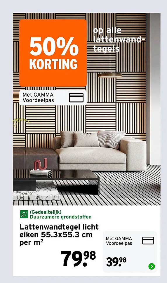 Lattenwandtegel licht eiken 55.3x55.3 cm per m² 50% KORTING op alle lattenwand-tegels