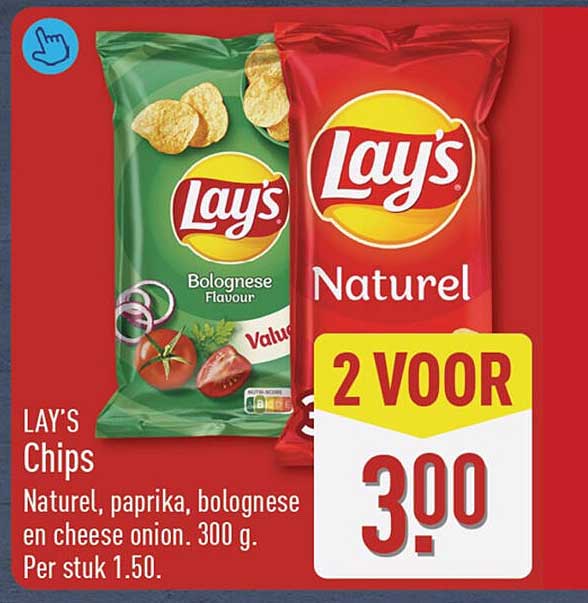 LAY'S Chips Naturel, paprika, bolognese en cheese onion, 300 g. Per stuk 1.50. 2 VOOR