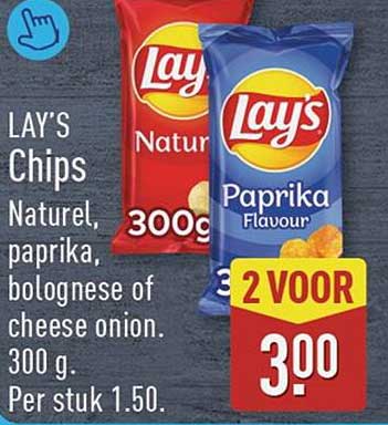 LAY'S Chips Naturel, paprika, bolognese of cheese onion. 300 g. Per stuk 1.50. 2 VOOR