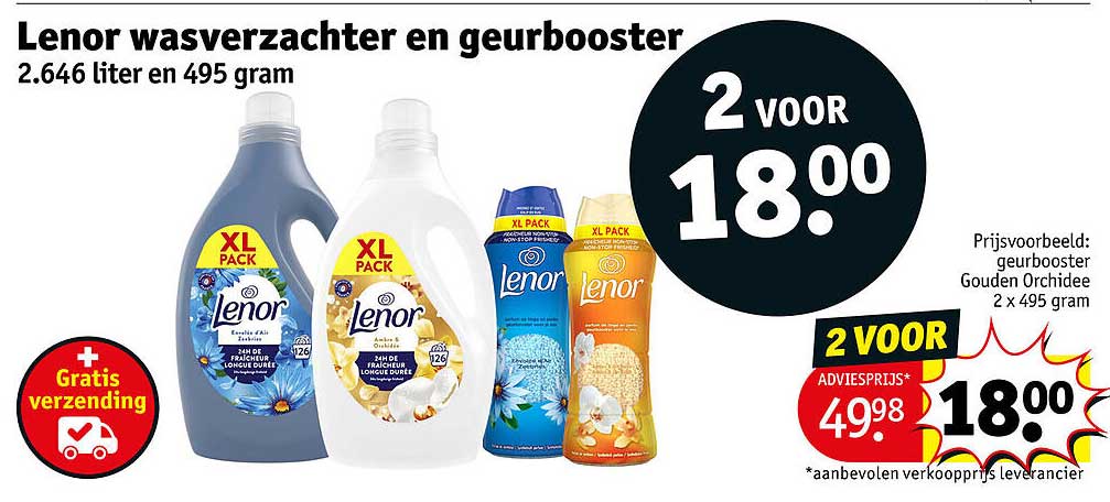 Lenor wasverzachter en geurbooster 2.646 liter en 495 gram 2 voor 18.00