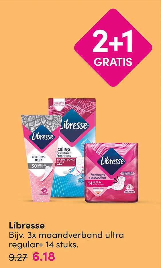 Libresse Bijv. 3x maandverband ultra regular+ 14 stuks. 2+1 GRATIS
