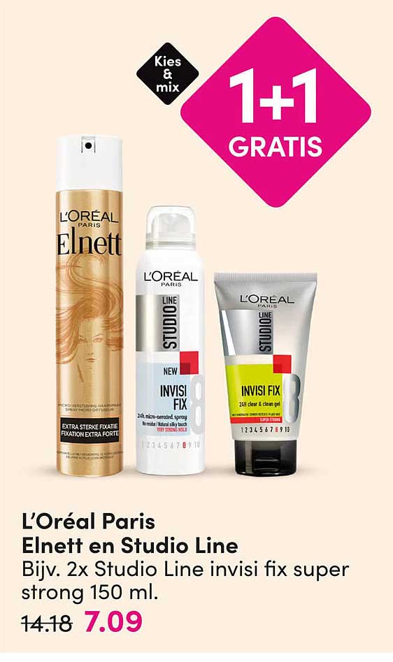 L'Oréal Paris Elnett en Studio Line Bijv. 2x Studio Line invisi fix super strong 150 ml. 1+1 GRATIS