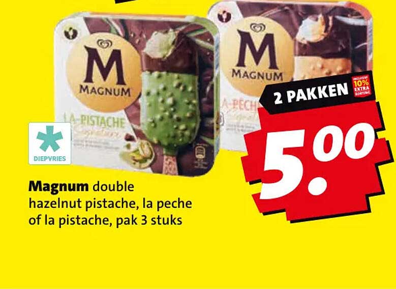 Magnum double hazelnut pistache, la peche of la pistache, pak 3 stuks 2 pakken