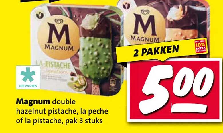 Magnum double hazelnut pistache, la peche of la pistache, pak 3 stuks 2 pakken