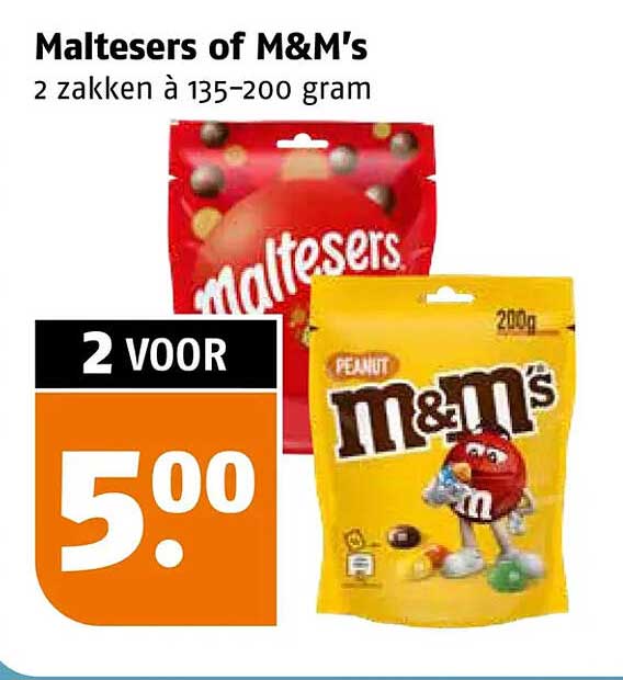 Maltesers of M&M's 2 zakken à 135-200 gram 2 voor 5.00
