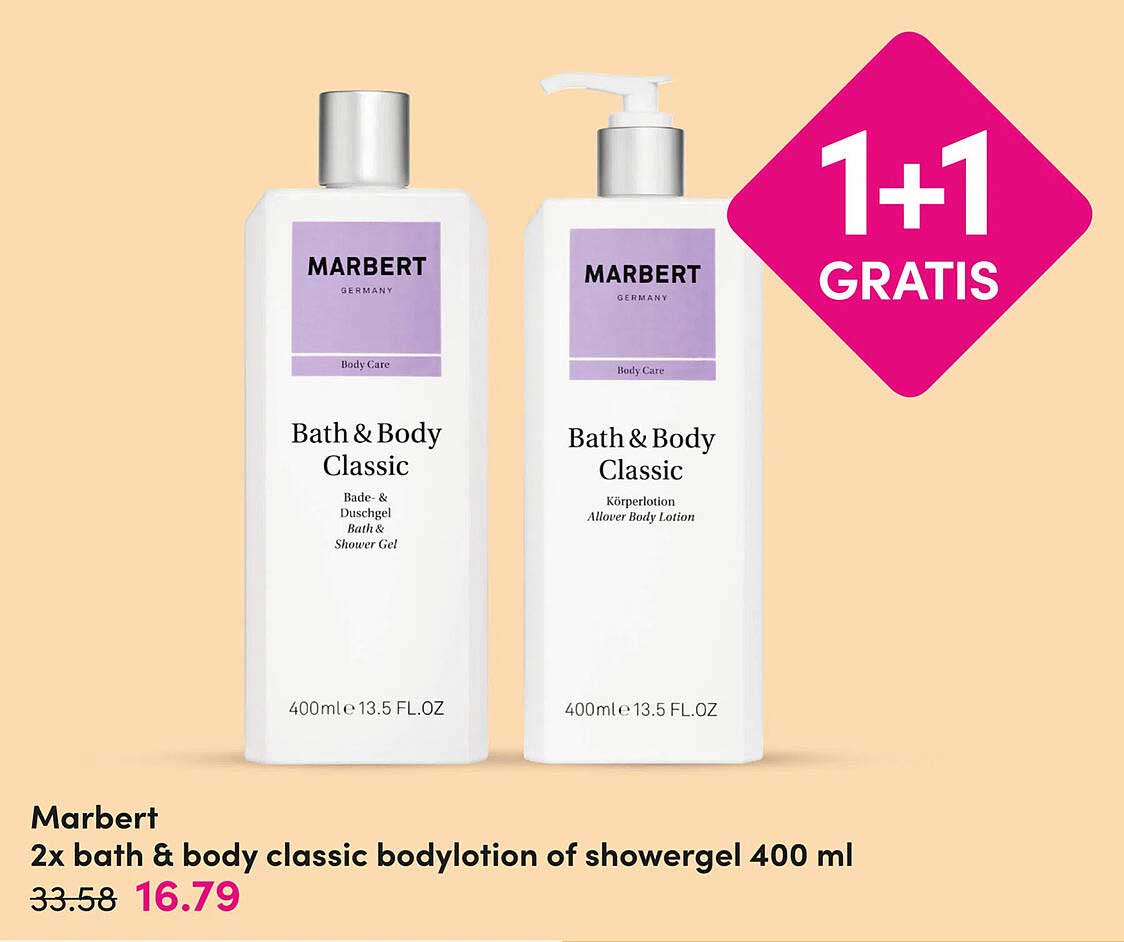 Marbert 2x bath & body classic bodylotion of showergel 400 ml 1+1 GRATIS