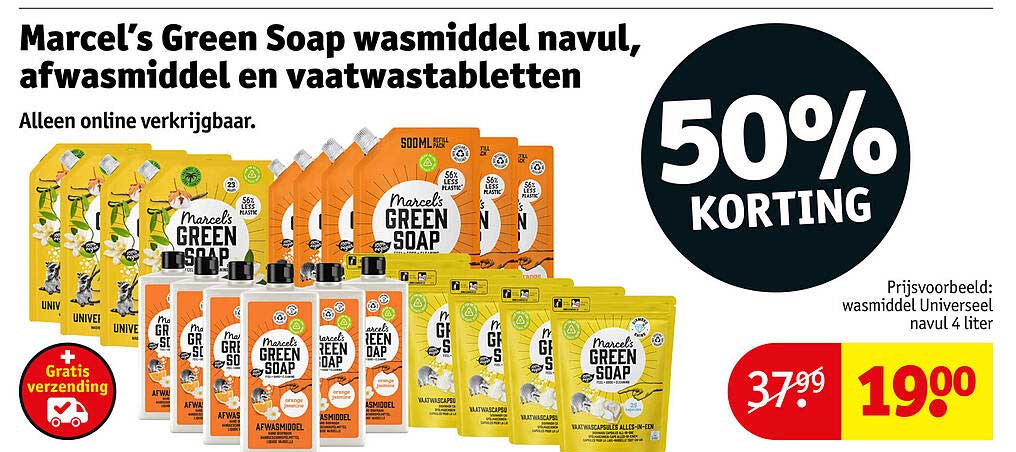 Marcel's Green Soap wasmiddel navul, afwasmiddel en vaatwastabletten 50% korting