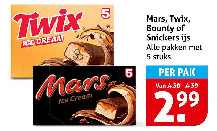 Mars, Twix, Bounty of Snickers ijs Alle pakken met 5 stuks
