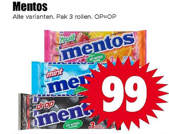 Mentos Alle varianten. Pak 3 rollen. OP=OP