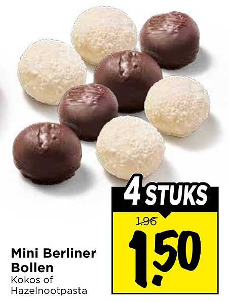 Mini Berliner Bollen Kokos of Hazelnootpasta 4 stuks