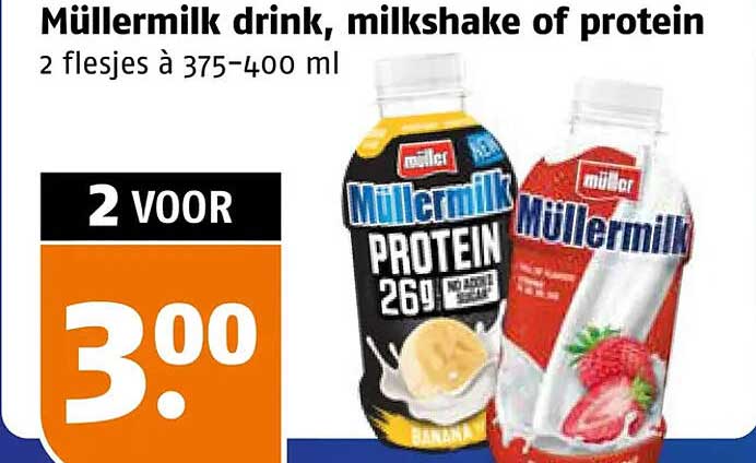 Müllermilk drink, milkshake of protein 2 flesjes à 375–400 ml 2 VOOR