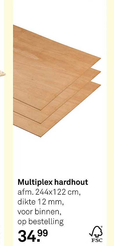 Multiplex hardhout afm. 244x122 cm, dikte 12 mm, voor binnen, op bestelling