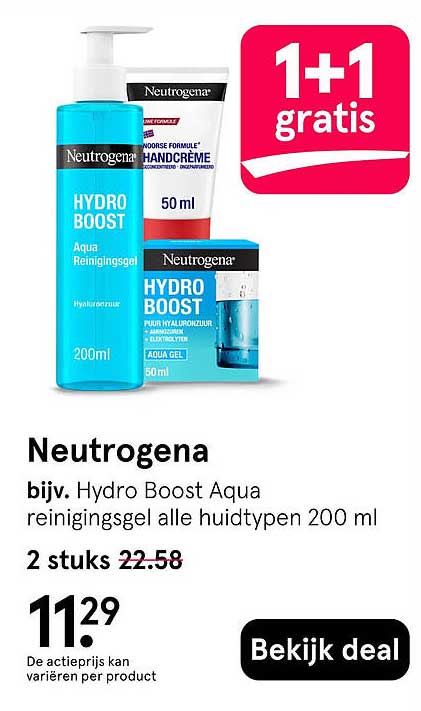 Neutrogena bijv. Hydro Boost Aqua reinigingsgel alle huidtypen 200 ml 1+1 gratis