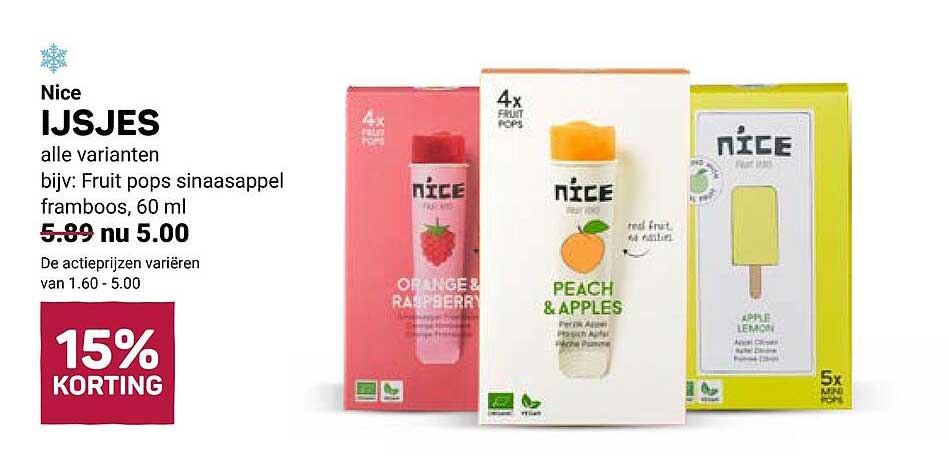 Nice IJSJES alle varianten bijv: Fruit pops sinaasappel framboos, 60 ml 15% KORTING