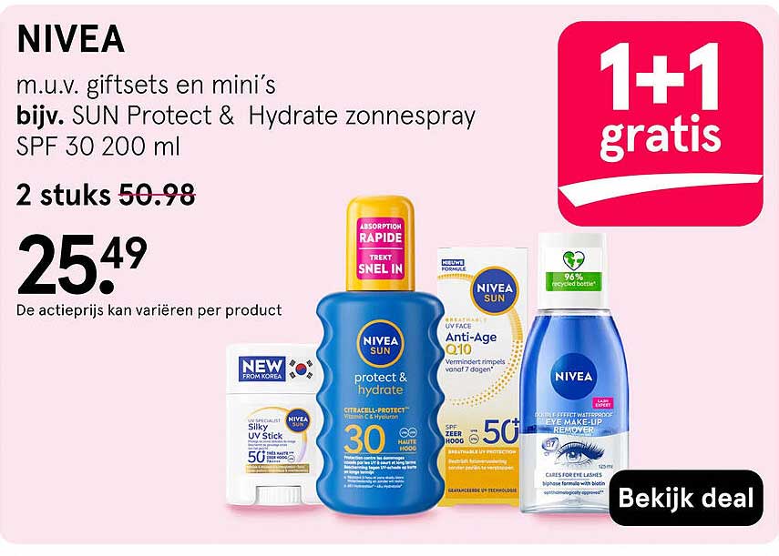 NIVEA m.u.v. giftsets en mini's bijv. SUN Protect & Hydrate zonnespray SPF 30 200 ml 1+1 gratis