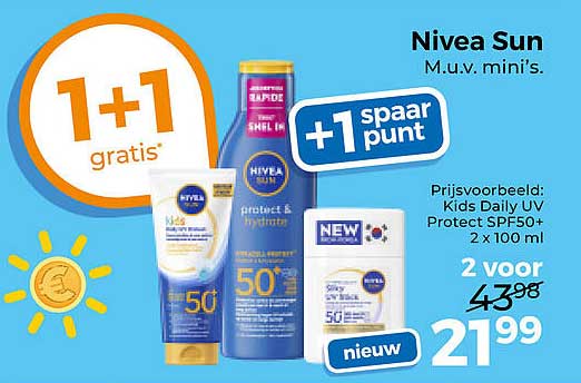 Nivea Sun M.u.v. mini's. 1+1 gratis +1 spaar punt