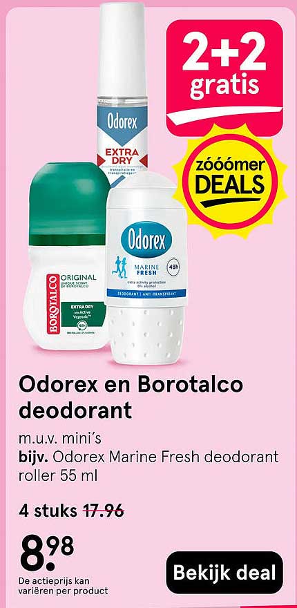 Odorex en Borotalco deodorant 2+2 gratis
