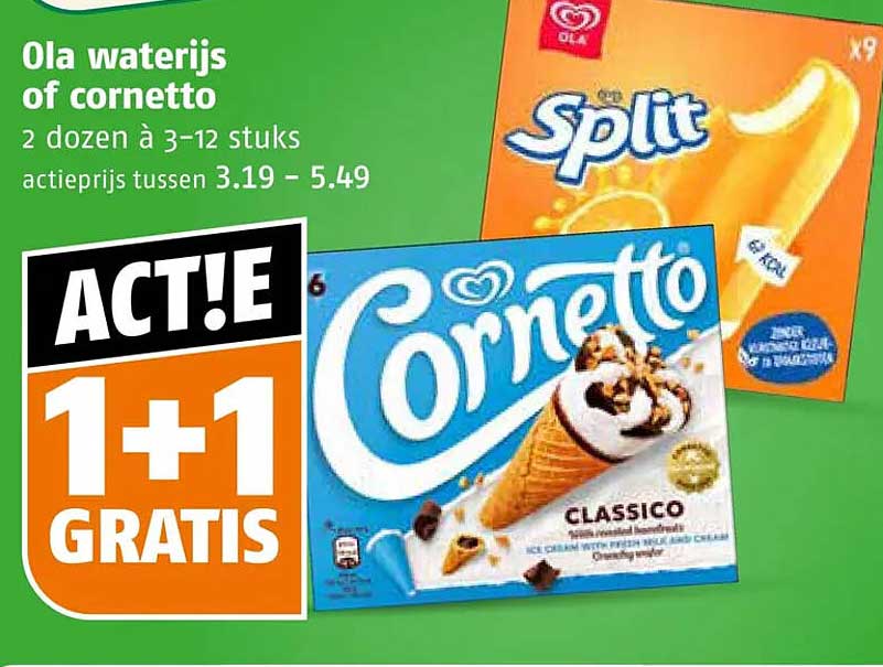 Ola waterijs of cornetto 1+1 gratis