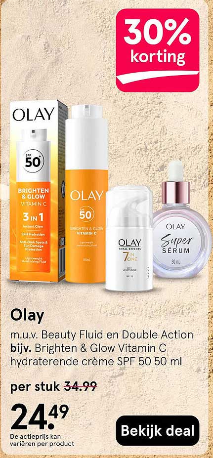 Olay m.u.v. Beauty Fluid en Double Action bijv. Brighten & Glow Vitamin C hydraterende crème SPF 50 50 ml