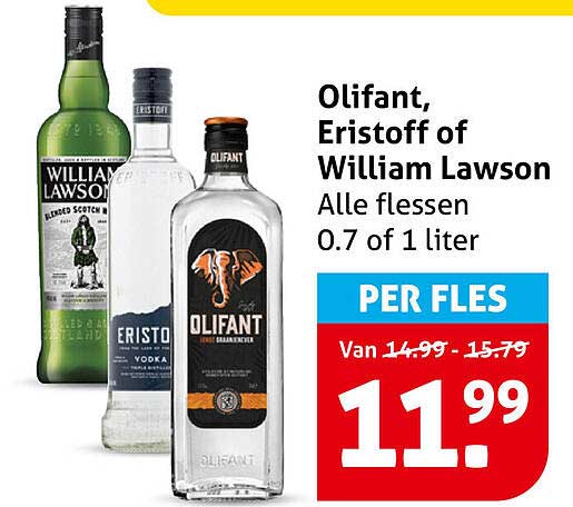 Olifant, Eristoff of William Lawson Alle flessen 0.7 of 1 liter PER FLES