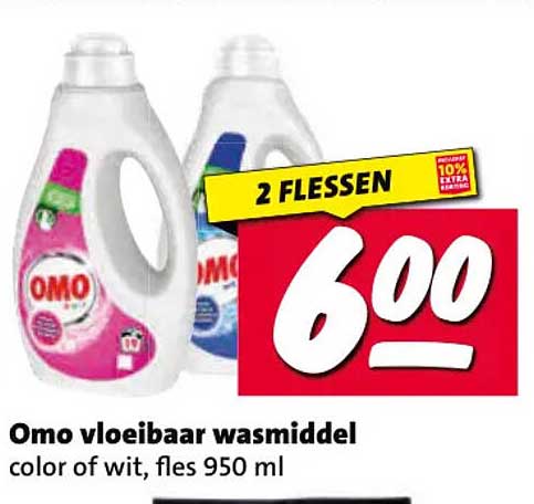 Omo vloeibaar wasmiddel color of wit, fles 950 ml 2 flessen