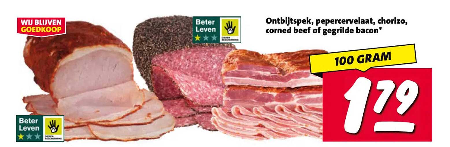 Ontbijtspek, peperservelaat, chorizo, corned beef of gegrilde bacon*