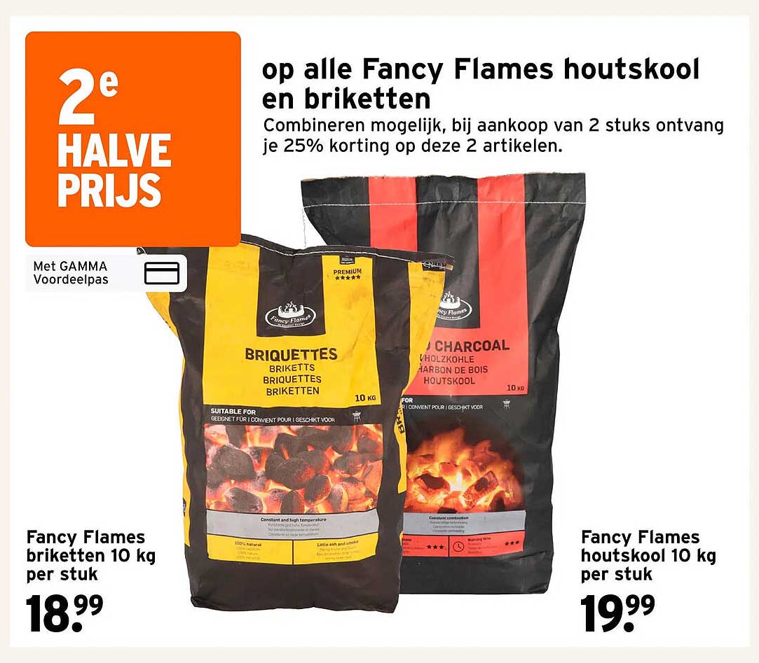 op alle Fancy Flames houtskool en briketten 2e halve prijs