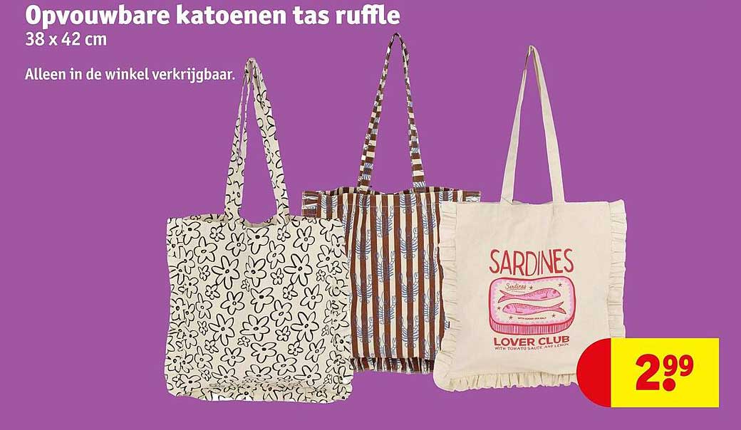 Opvouwbare katoenen tas ruffle 38 x 42 cm
