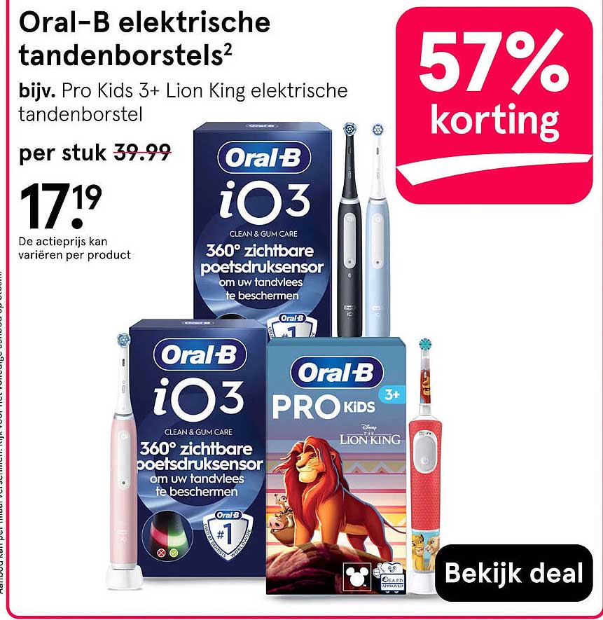 Oral-B elektrische tandenborstels² bijv. Pro Kids 3+ Lion King elektrische tandenborstel 57% korting