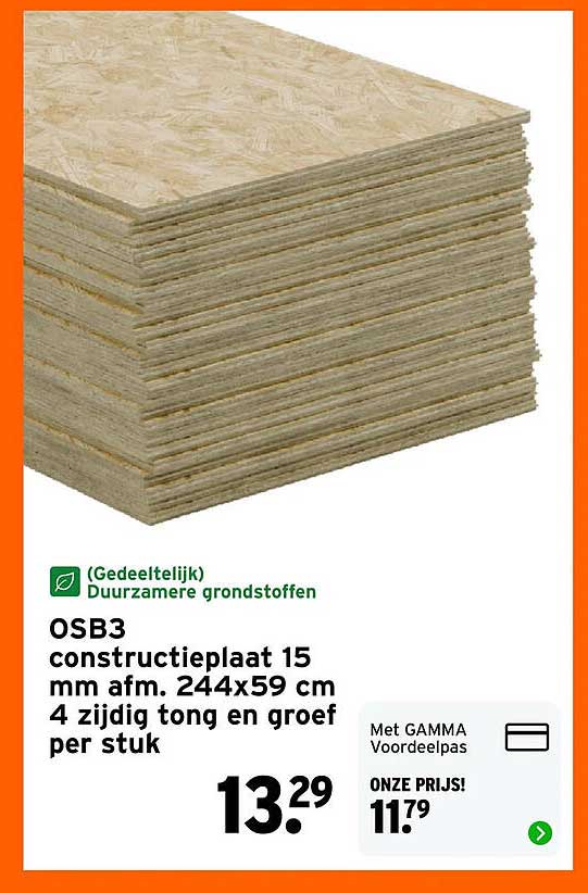 OSB3 constructieplaat 15 mm afm. 244x59 4 zijdig tong en groef per stuk