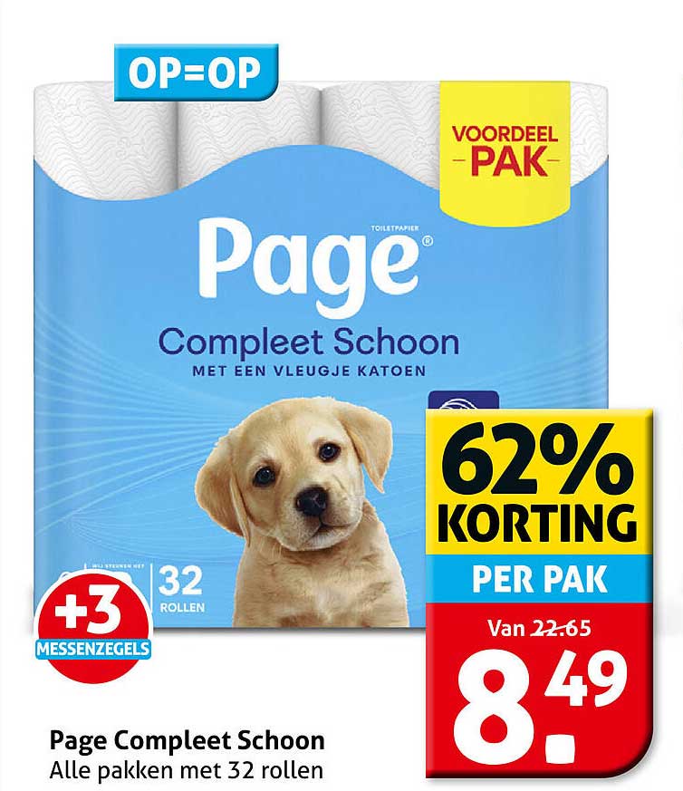 Page Compleet Schoon Alle pakken met 32 rollen +3 Messenzegels 62% korting per pak