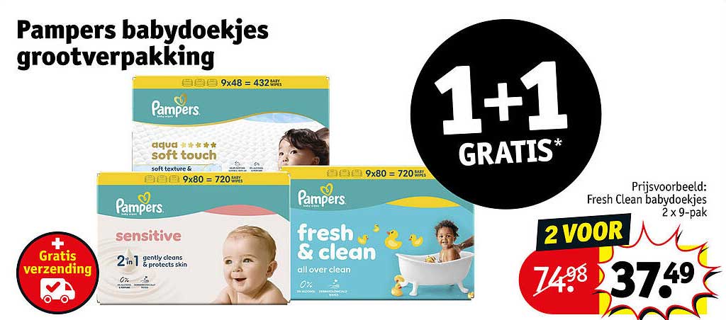 Pampers babydoekjes grootverpakking 1+1 GRATIS*