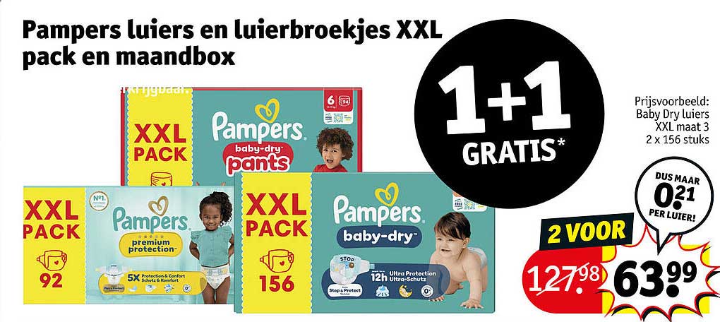 Pampers luiers en luierbroekjes XXL pack en maandbox 1+1 gratis