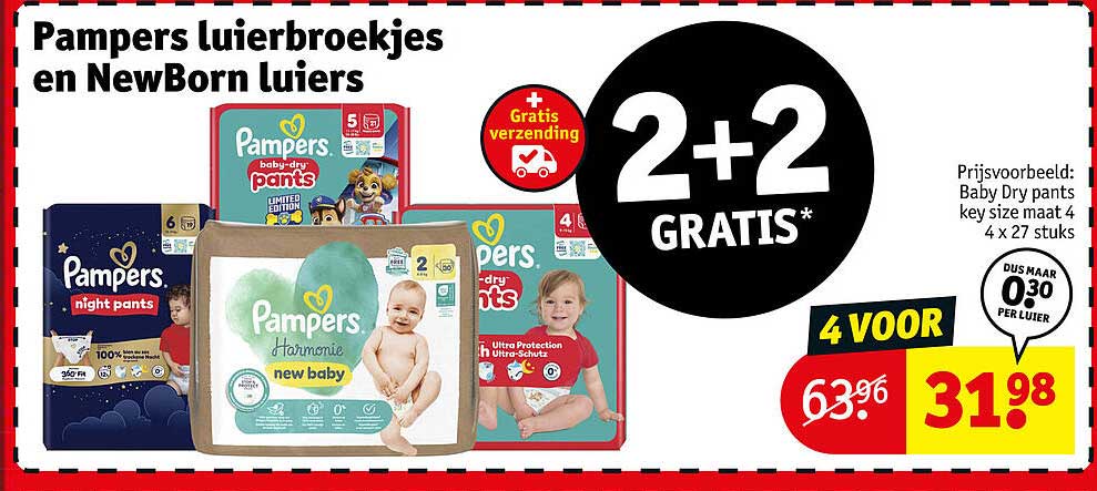 Pampers luiersbroekjes en NewBorn luiers 2+2 GRATIS
