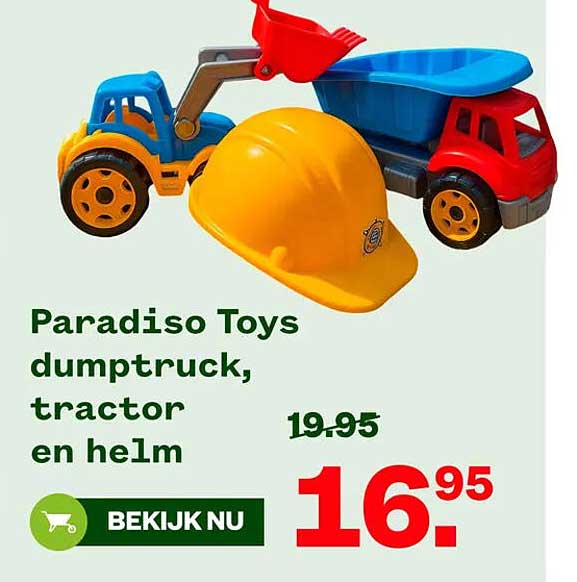 Paradiso Toys dumptruck, tractor en helm