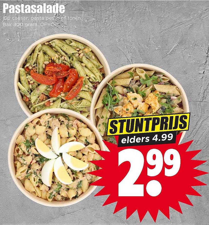 Pastasalade Kip caesar, pasta pesto of tonijn. Bak 300 gram. OP=OP. STUNTPRIJS elders 4.99