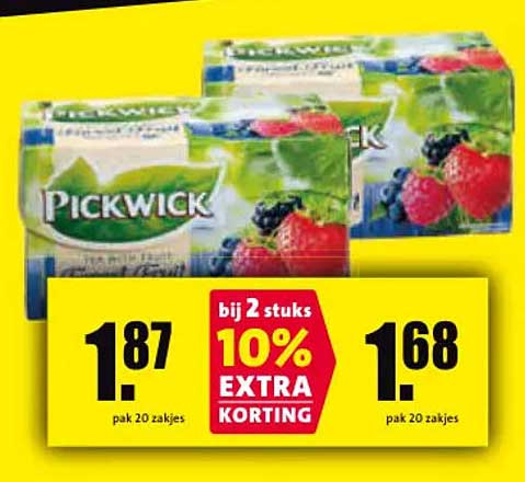 Pickwick pak 20 zakjes bij 2 stuks 10% EXTRA KORTING