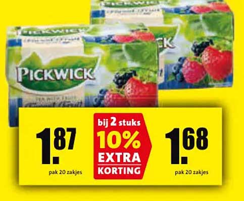 Pickwick pak 20 zakjes bij 2 stuks 10% EXTRA KORTING