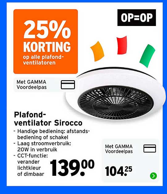Plafond-ventilator Sirocco 25% korting op alle plafondventilatoren OP=OP