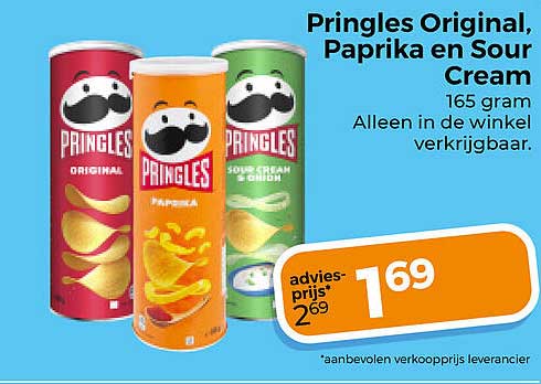Pringles Original, Paprika en Sour Cream 165 gram