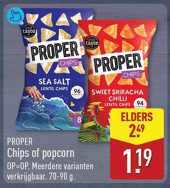PROPER Chips of popcorn OP-OP. Meerdere varianten verkrijgbaar. 70-90 g.