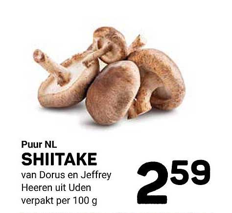 Puur NL SHIITAKE van Dorus en Jeffrey Heeren uit Uden verpakt per 100 g