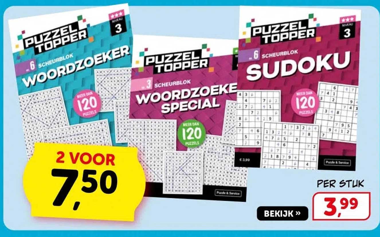PUZZEL TOPPER WOORDZOEKER, WOORDZOEKER SPECIAL, SUDOKU 2 VOOR 7,50