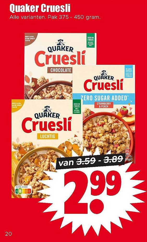 Quaker Cruesli Alle varianten. Pak 375 - 450 gram.