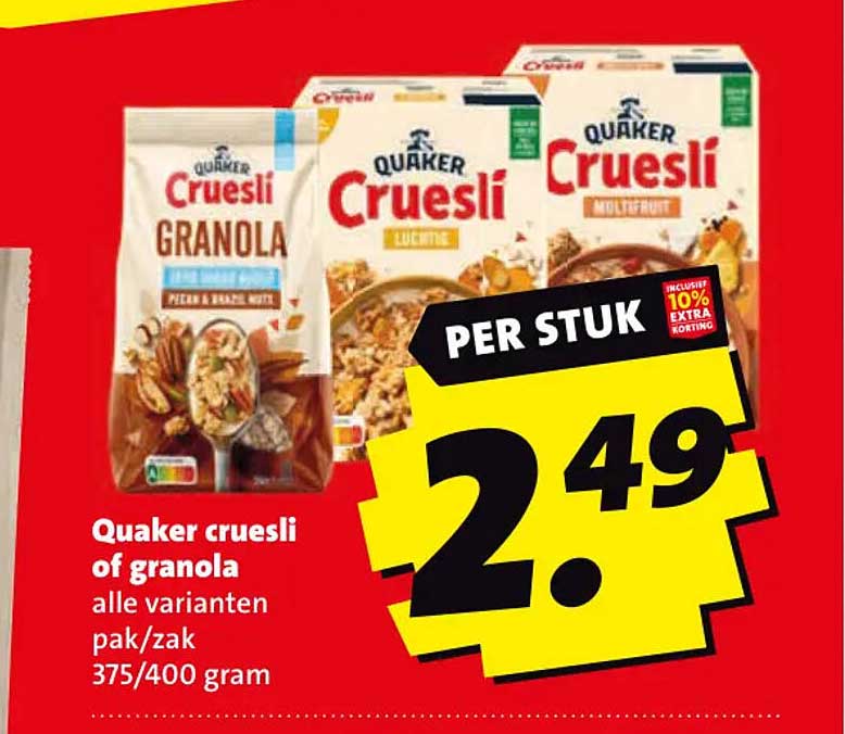 Quaker cruesli of granola alle varianten pak/zak 375/400 gram
